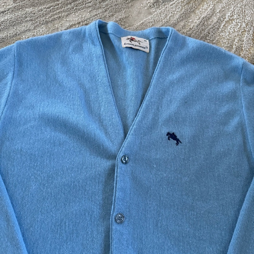 Vintage Cardigan sweater Steeplechase Blue button front horse embroidery XL - Picture 5 of 8